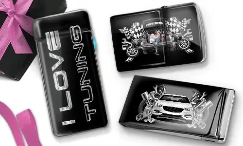 Three glossy car-themed accessories are displayed on a white background. One has 