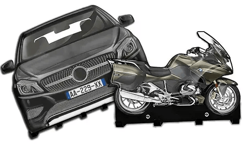 Cardboard cutouts of a black car and metallic motorcycle on stands, used for display or training