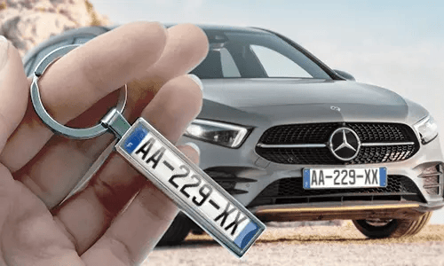 Comic license plate keychain held in hand with matching car plate in background