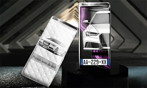 Two car-themed phone cases: white quilted with 