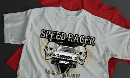 White T-shirt with SPEED RACER text, silver BMW graphic, two skulls, yellow ornaments, and black background