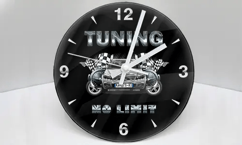 Wall clock with stylized car, checkered flags, and metallic TUNING NO LIMIT text on black background