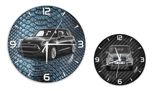Two wall clocks with car illustrations: left with black car on blue reptile texture, right with blue car on carbon background