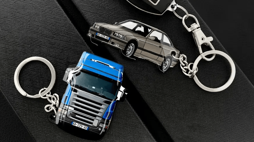 Llaveros con forma de coche y camión, presentados como accesorios de vehículo personalizables