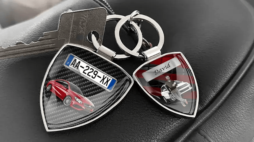 Custom shield photo keychains with personalized car photos