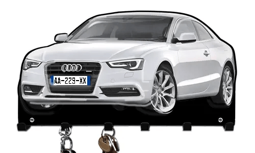 Wall-mounted key holder shaped like a white Audi car with hooks for organizing keys